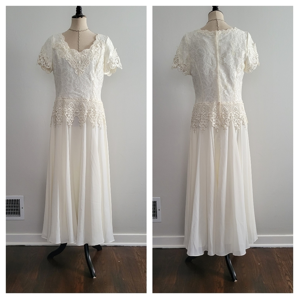 Vintage Jessica McClintock ivory lace bridal midi dress